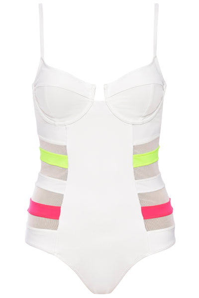 Montego Underwire Mesh White Swimsuit on white background front view.