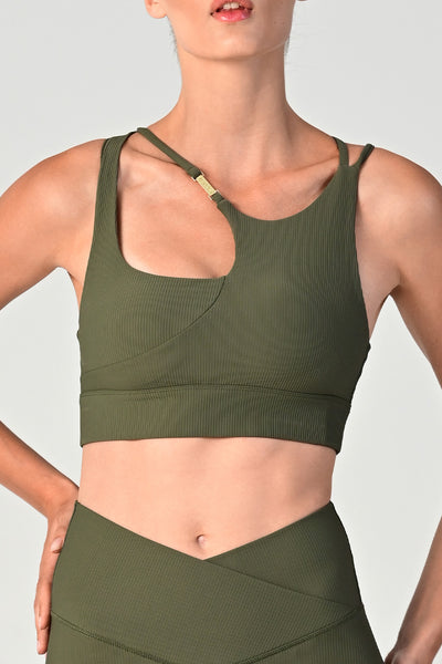 Model wearing the Melrose army ribbed bra front close up view.