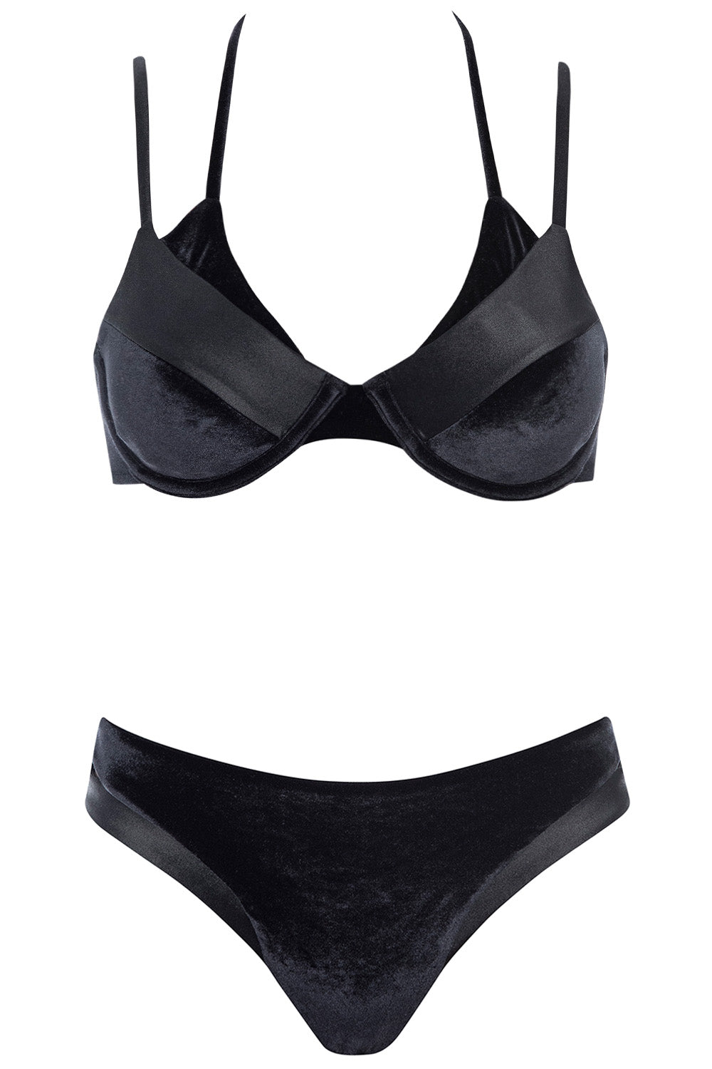 Ibiza Bikini Black Velvet Set on white background front view.