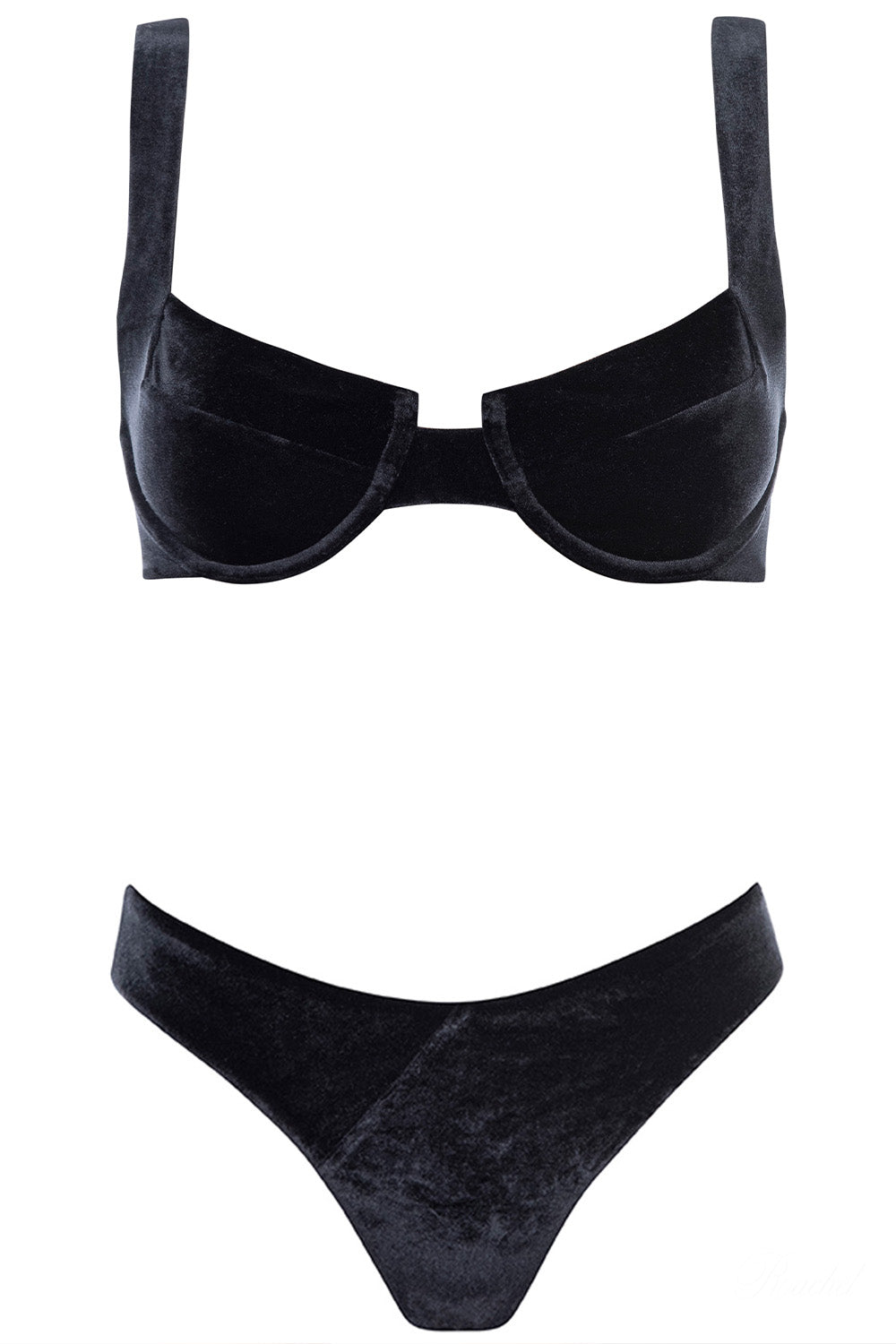 Laguna Bikini Black Velvet Set on white background front view.