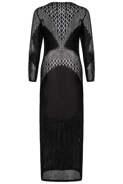 Cancun Crochet Black Dress on white background back view.
