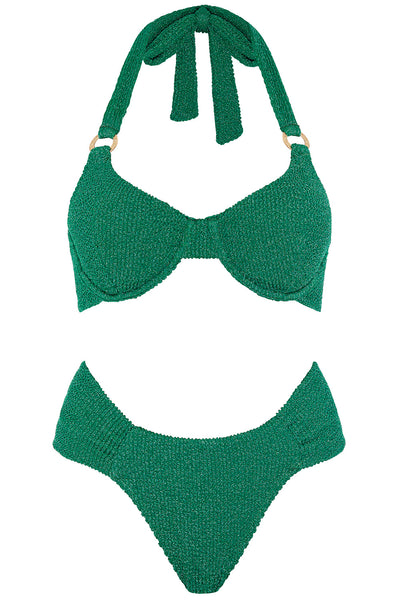Front view of the Lolita Bikini Crinkle Green set on a white background