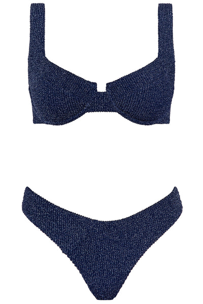 Front view of the Laguna Bikini Crinkle Midnight set on a white background