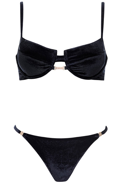 Bondi Bikini Black Velvet Set on white background front view.