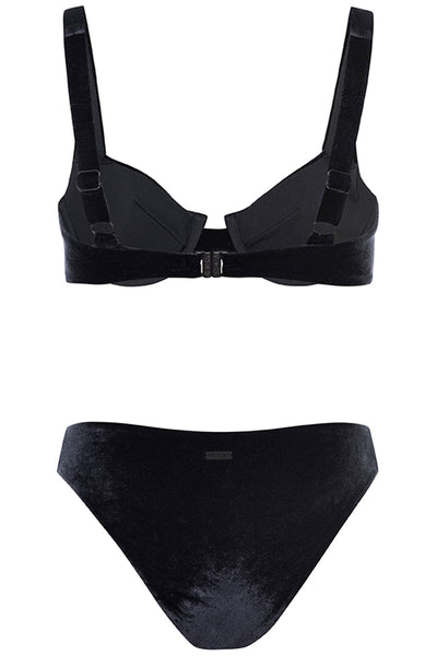 Laguna Bikini Black Velvet Set on white background back view.