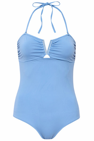 Koko Baby Blue Swimsuit on white background front view.