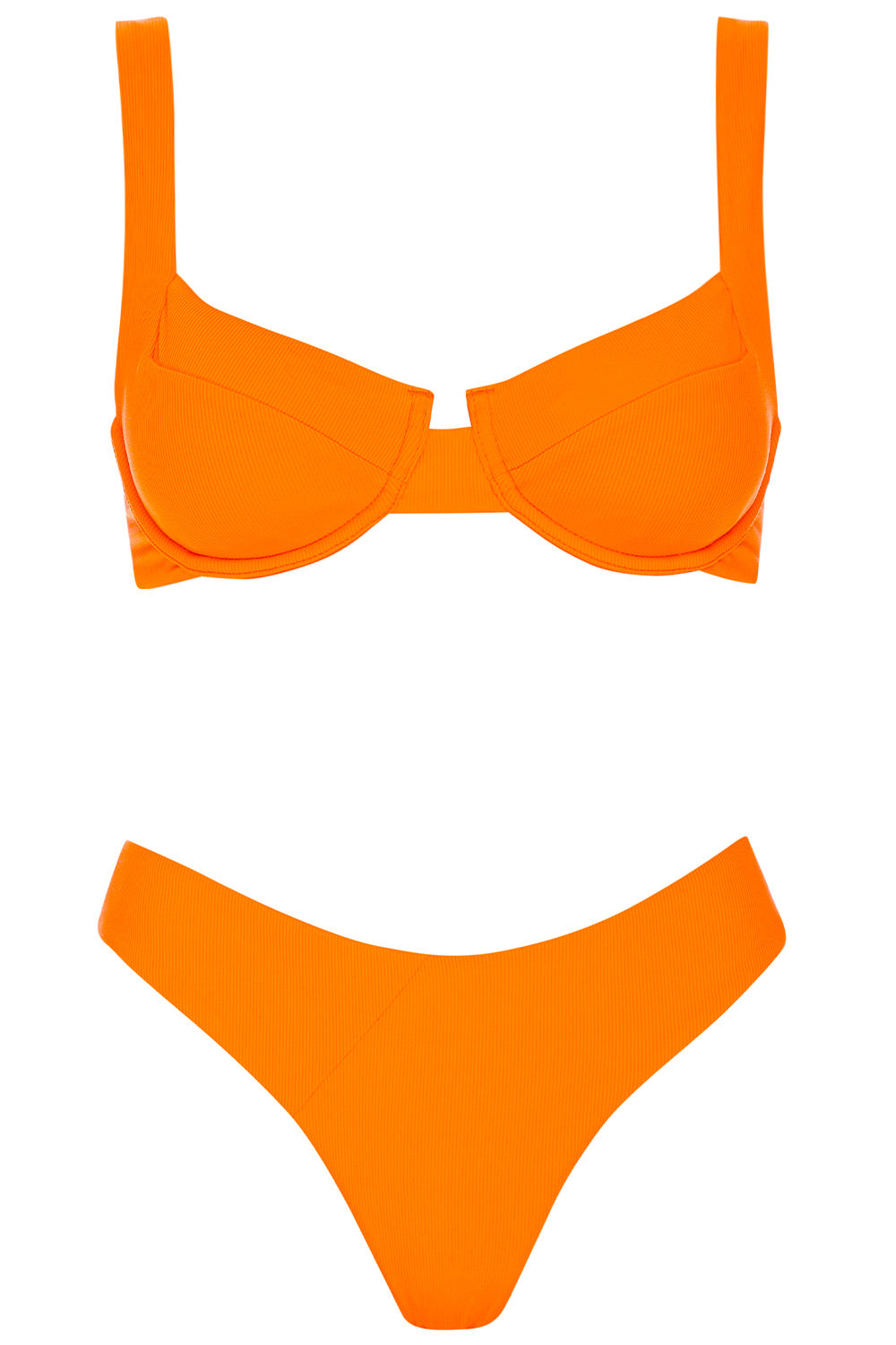 Front view of the Laguna bikini orange ribbed set on a white background