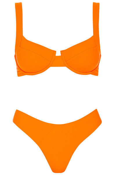 Front view of the Laguna bikini orange ribbed set on a white background