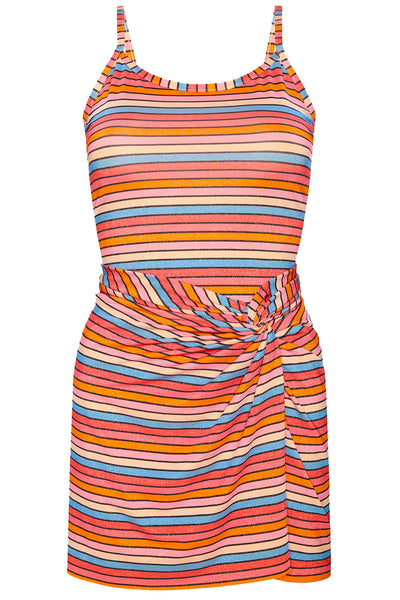 Front view of the Sunset Stripe tankini top & Skirt on a white background