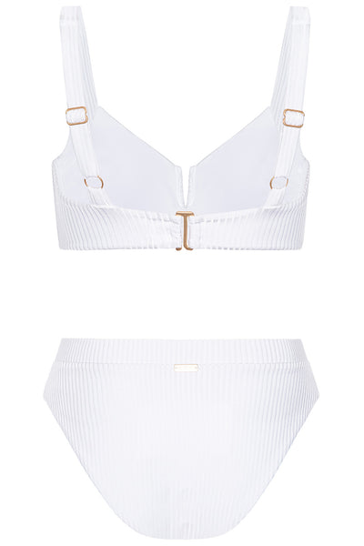Vista Bikini White Ribbed Set on white background back view.