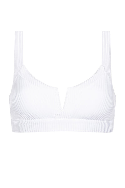 Vista Bikini White Ribbed Top on white background front view.