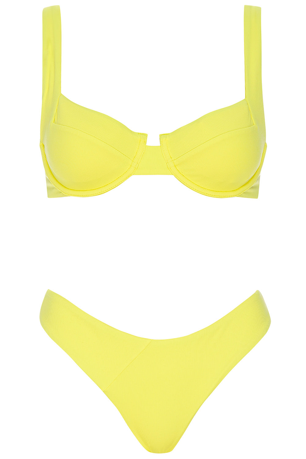 Front view of the Laguna bikini yellow ribbed set on a white background