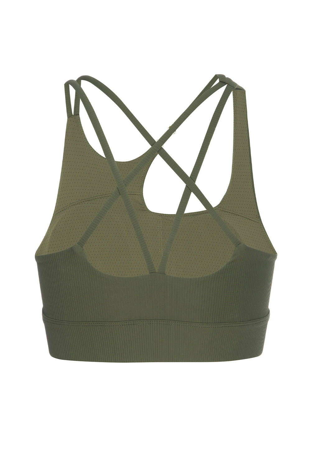 Melrose army ribbed bra top on a white background back view. 