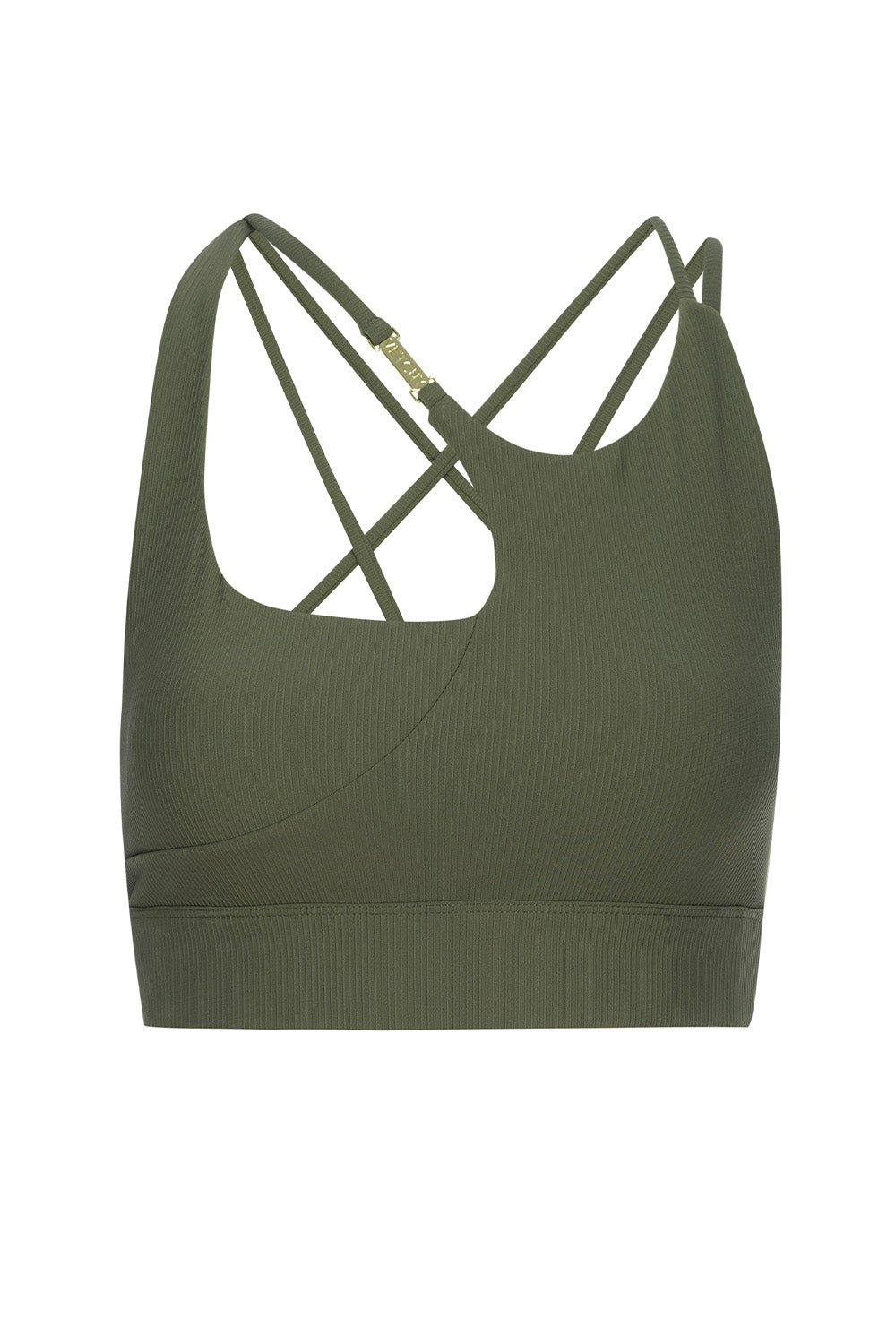 Melrose Army ribbed bra top on white background front view.