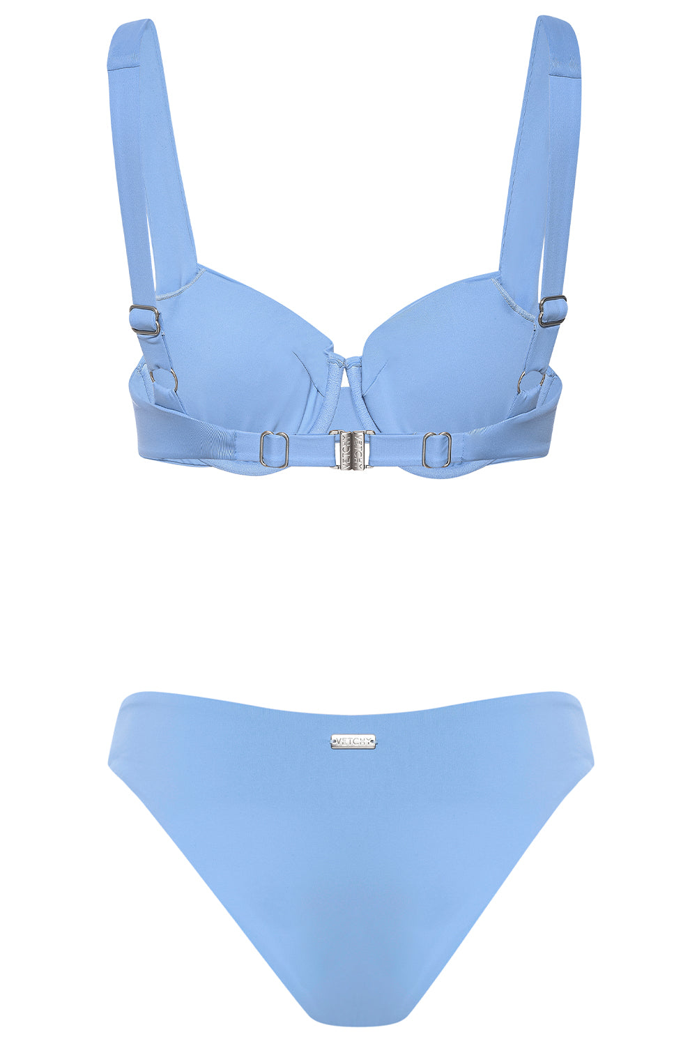 Aruba Bikini Baby Blue Set on white background back view.