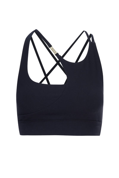 Melrose black ribbed bra top on white background front view.