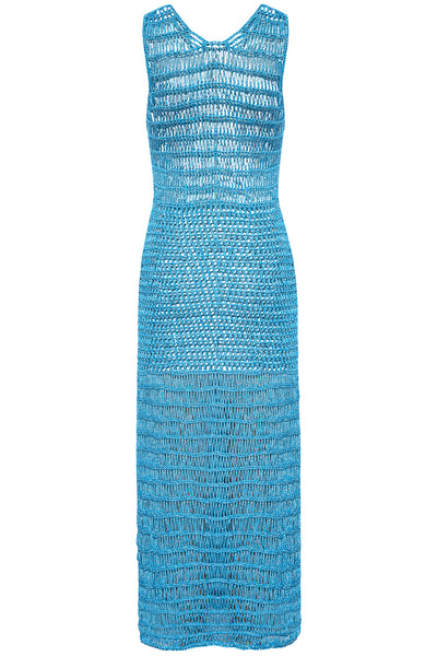 Close-up front view of a woman wearing the Crochet Blue Long Dress.