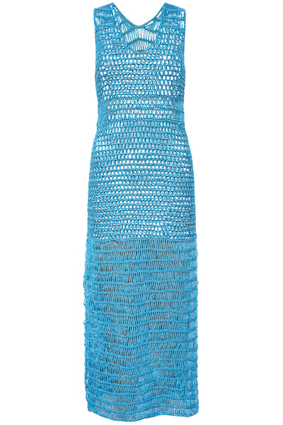 Crochet Blue Long Dress on white background front view.