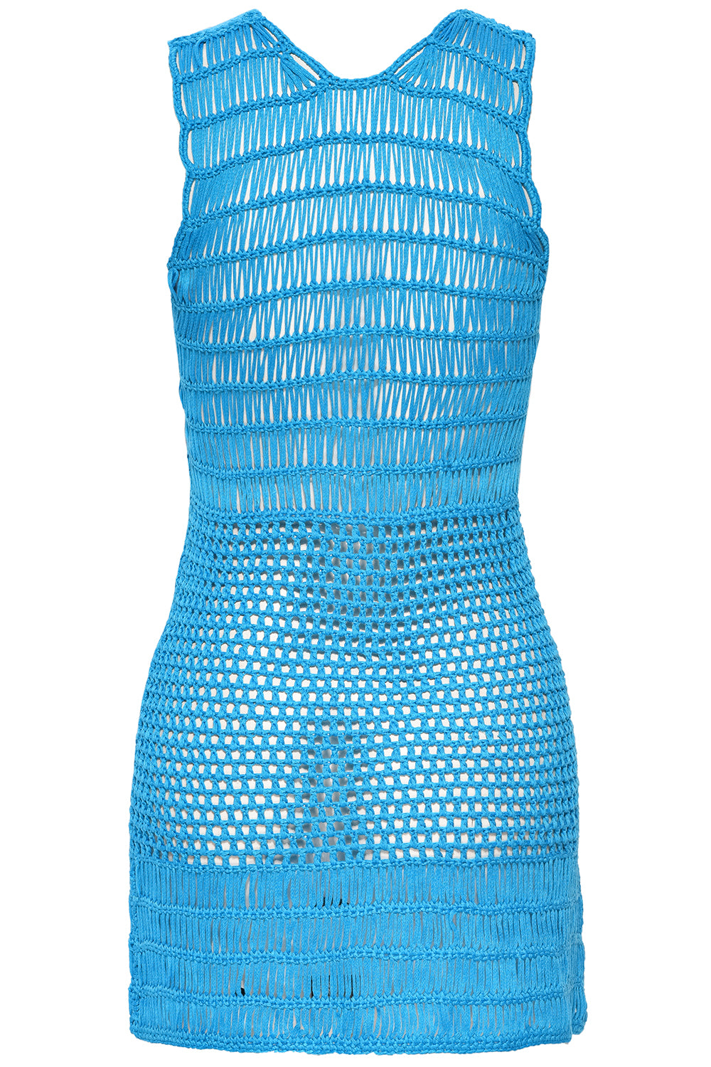 Crochet Blue Short Dress on white background back view.