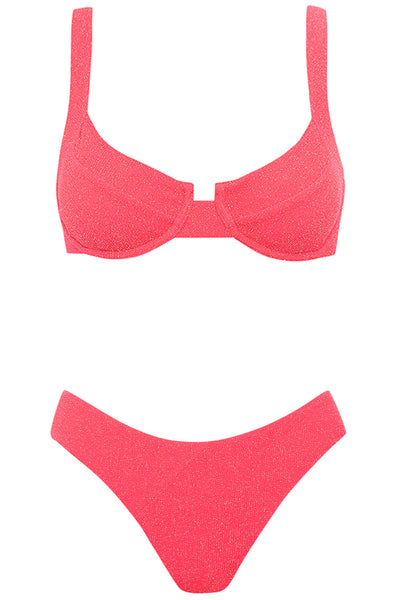 Front view of the Laguna bikini cherry lurex set on a white background