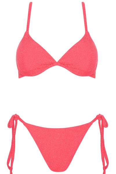 Front view of the Portofino Bikini Cherry Lurex Set on a white background