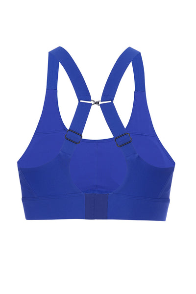 Soho cobalt active bra top on white background back view crossed straps. 