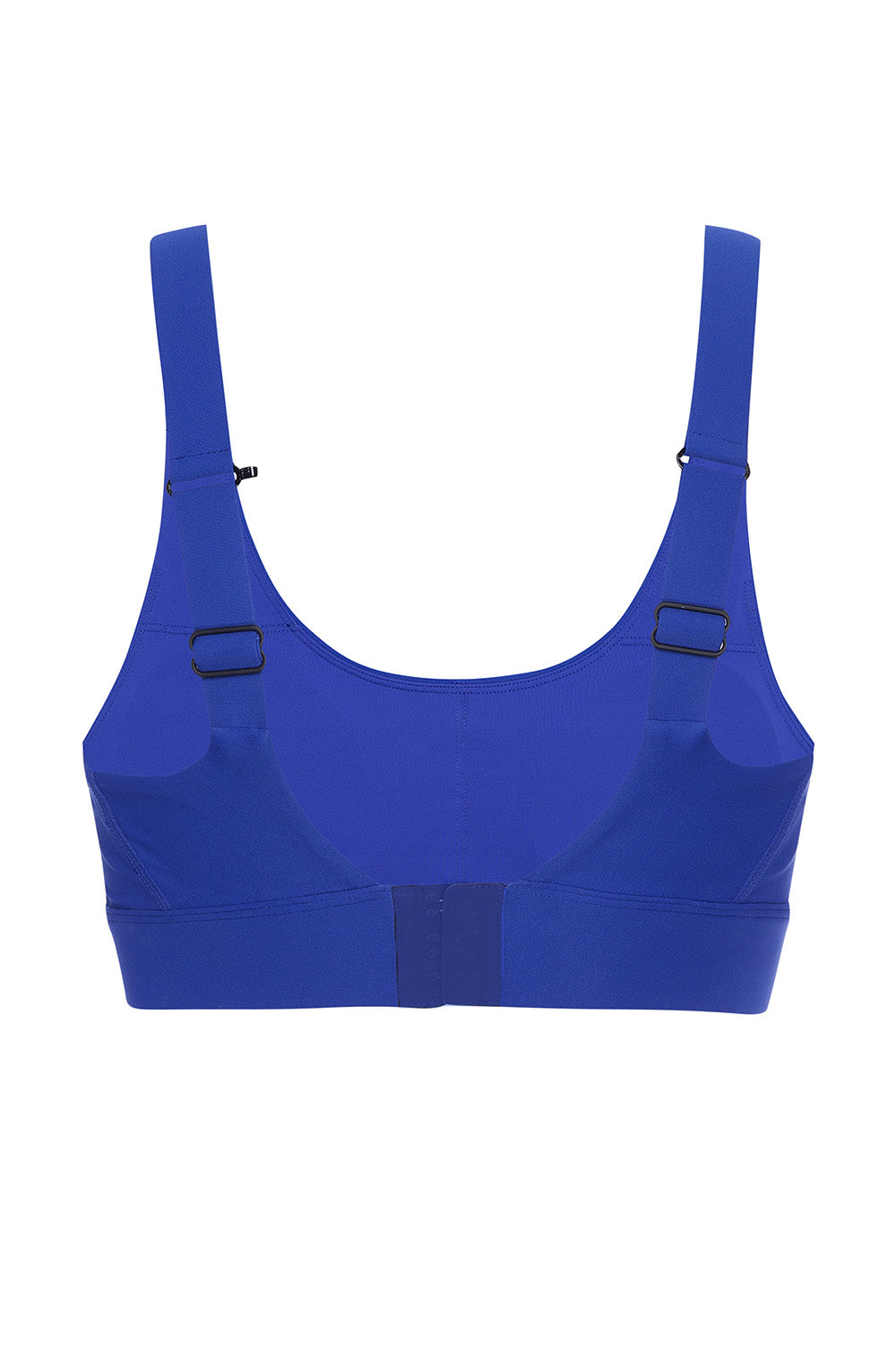 Soho cobalt active bra top on white background back view.