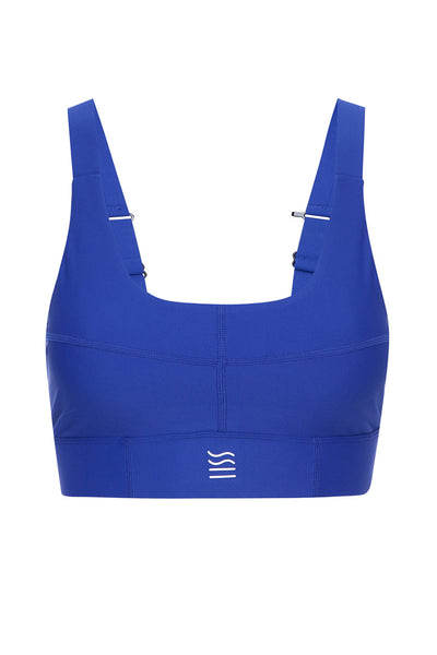 Soho cobalt active bra top on white background front view.