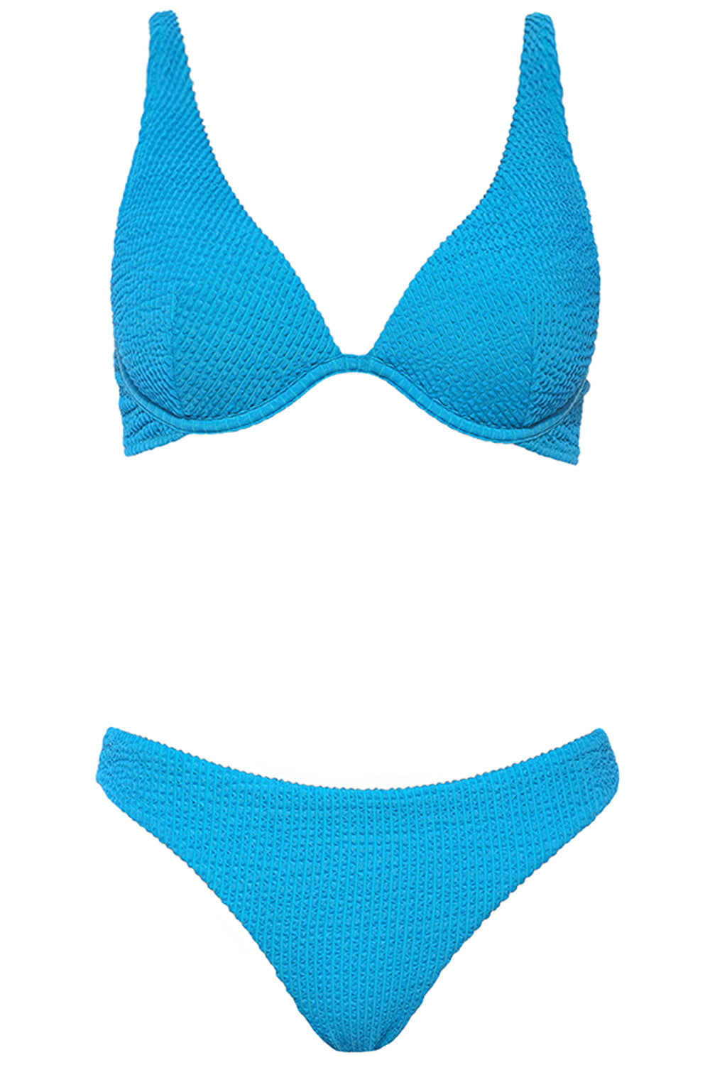 Bermuda Bikini Crinkle Blue Set on white background front view.