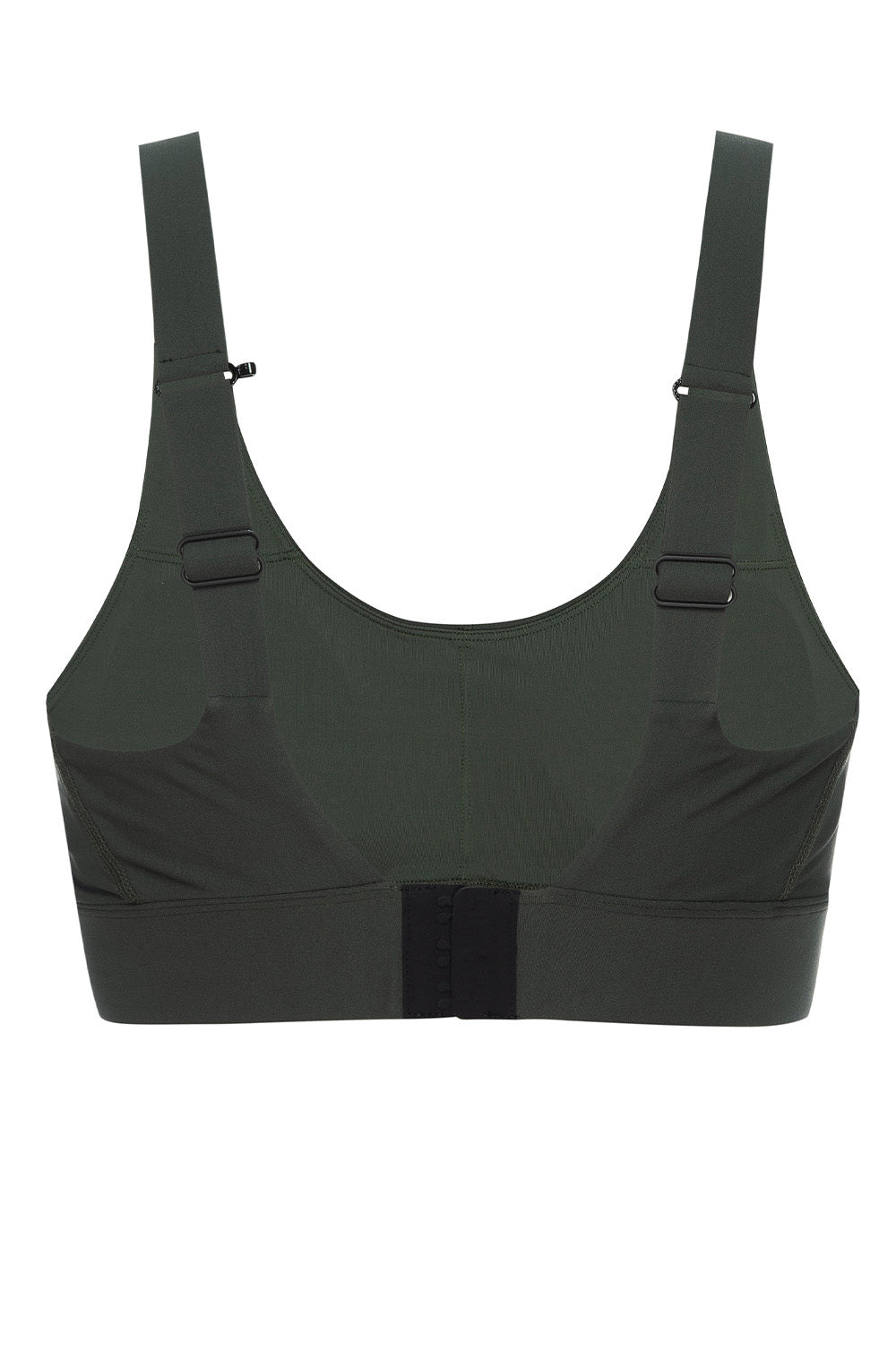 Back view of the Soho dark olive active bra on a white background