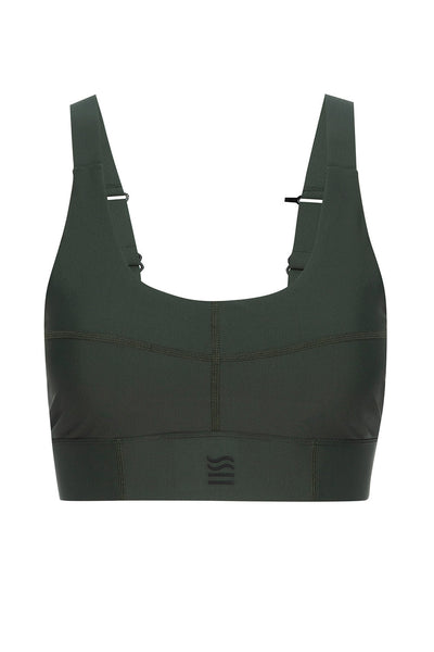 Front view of the Soho dark olive active bra on a white background