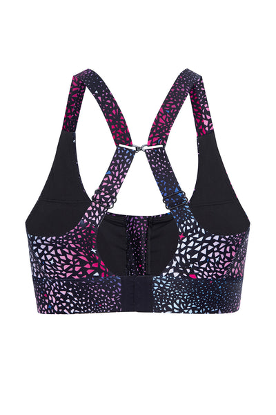 Soho galaxy active bra top on white background back view with shoulder straps fastened in the center..