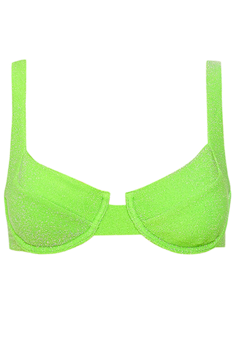 Top of Laguna Bikini Green Sparkle set  on a white background front view.