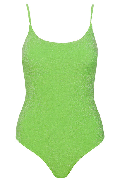 Front view of the Marina Swimsuit Green Sparkle set on a white background