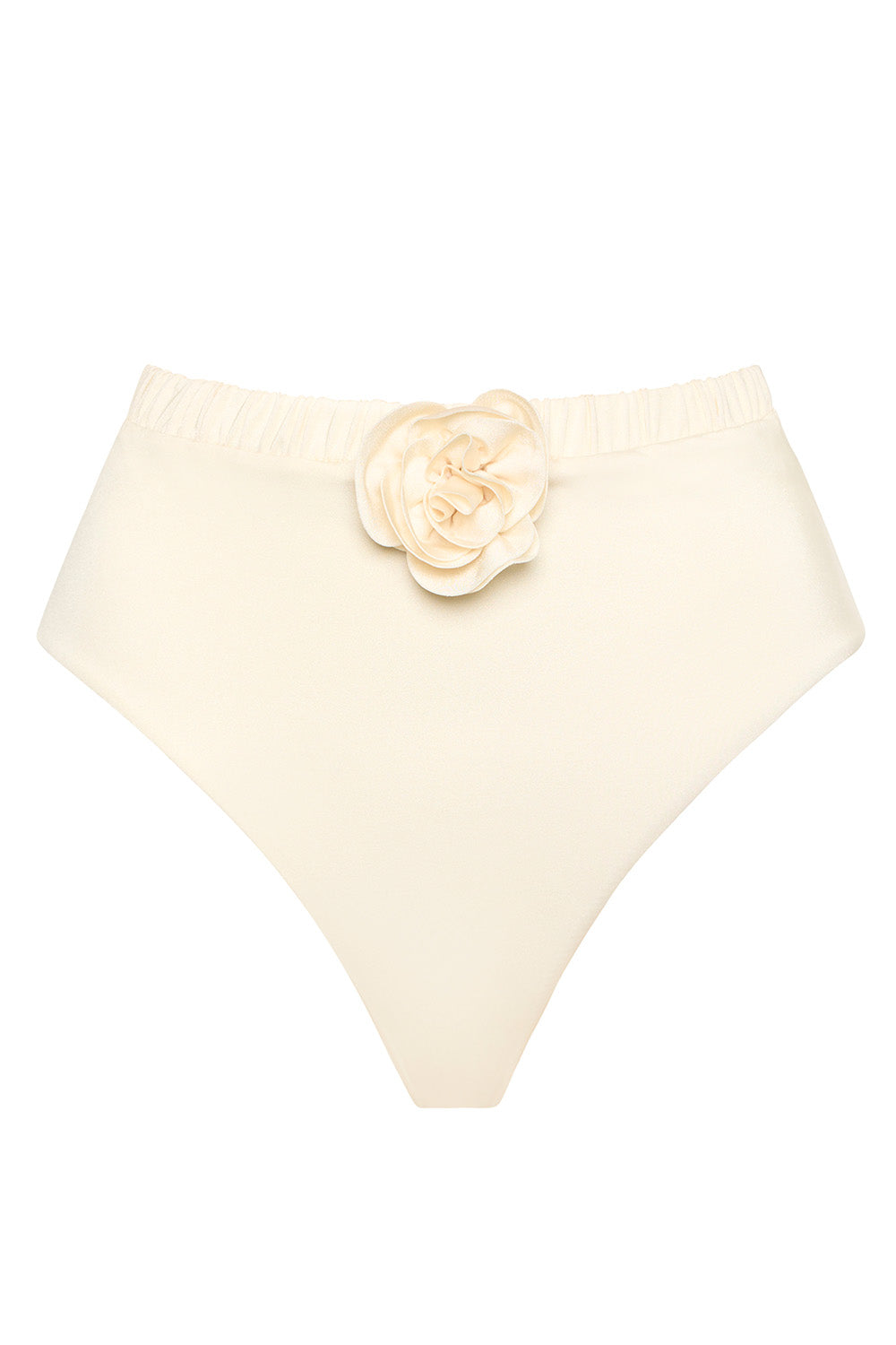 Aruba Bikini Ivory Flower Set Highwaist bottoms on white background front view.