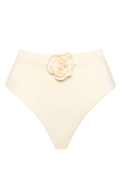 Aruba Bikini Ivory Flower Set Highwaist bottoms on white background front view.