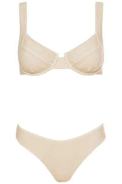 Front view of the Laguna bikini ivory lurex set on a white background