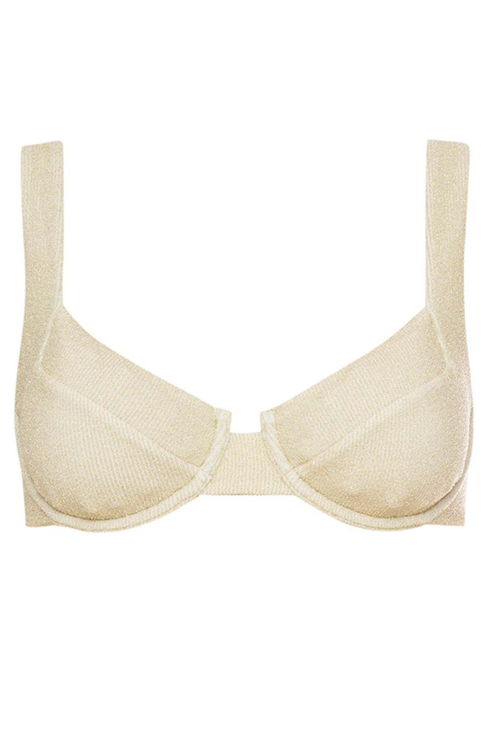 Top of Laguna bikini ivory lurex set on a white background front view.