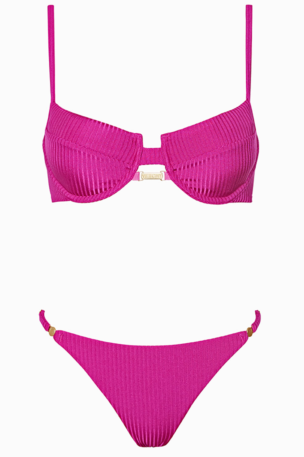 Bondi Bikini Jam Ribbed Set on white background front view.