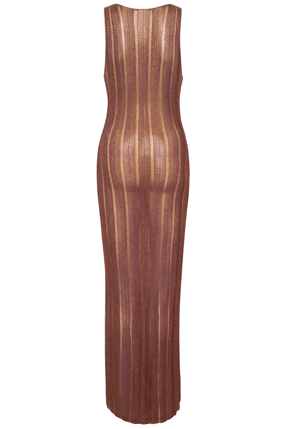 Brown Metallic Dress on white background back view.