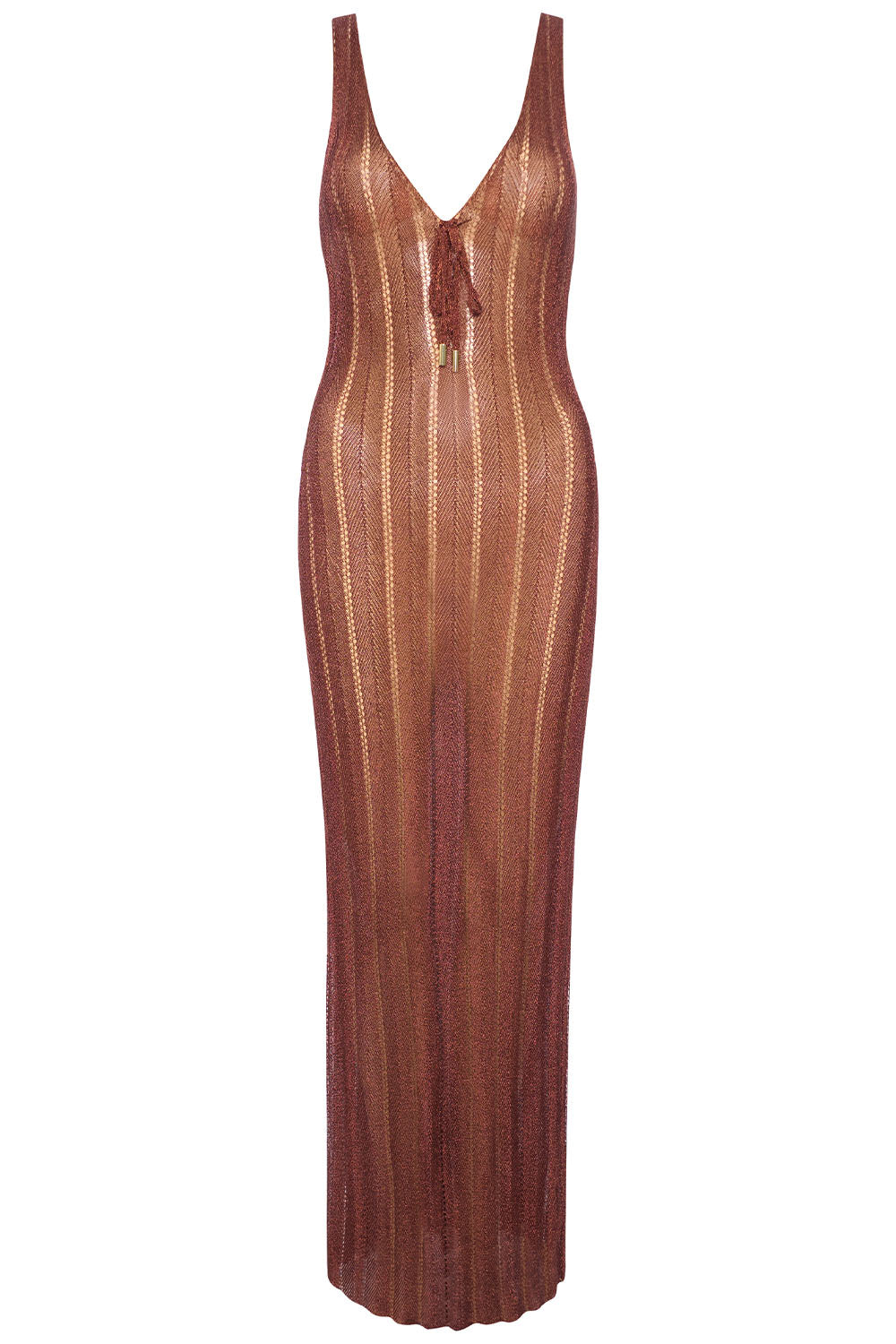 Brown Metallic Dress on white background front view.