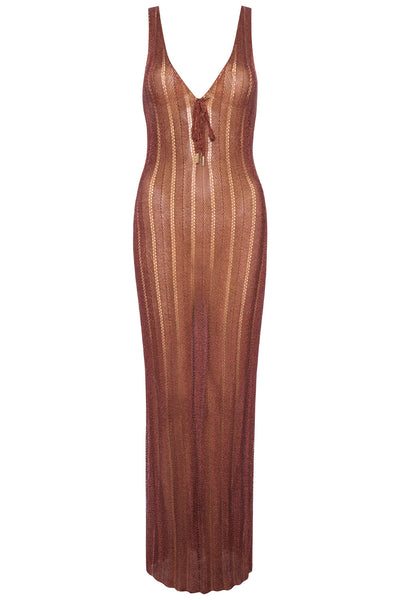 Brown Metallic Dress on white background front view.