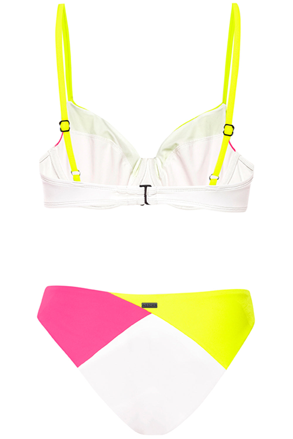 Close-up front view of a woman wearing the Destin Bikini Neon Tricolor Set.