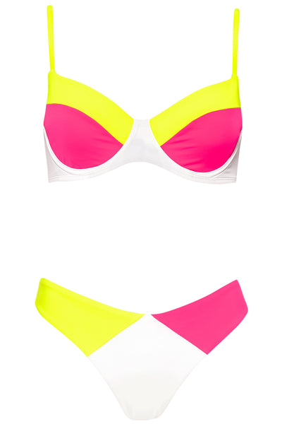 Destin Bikini Neon Tricolor Set on white background front view.