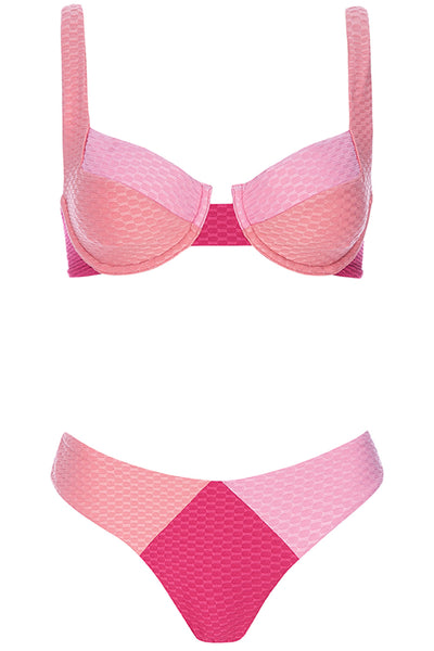 Front view of the Laguna bikini pink tricolor set on a white background