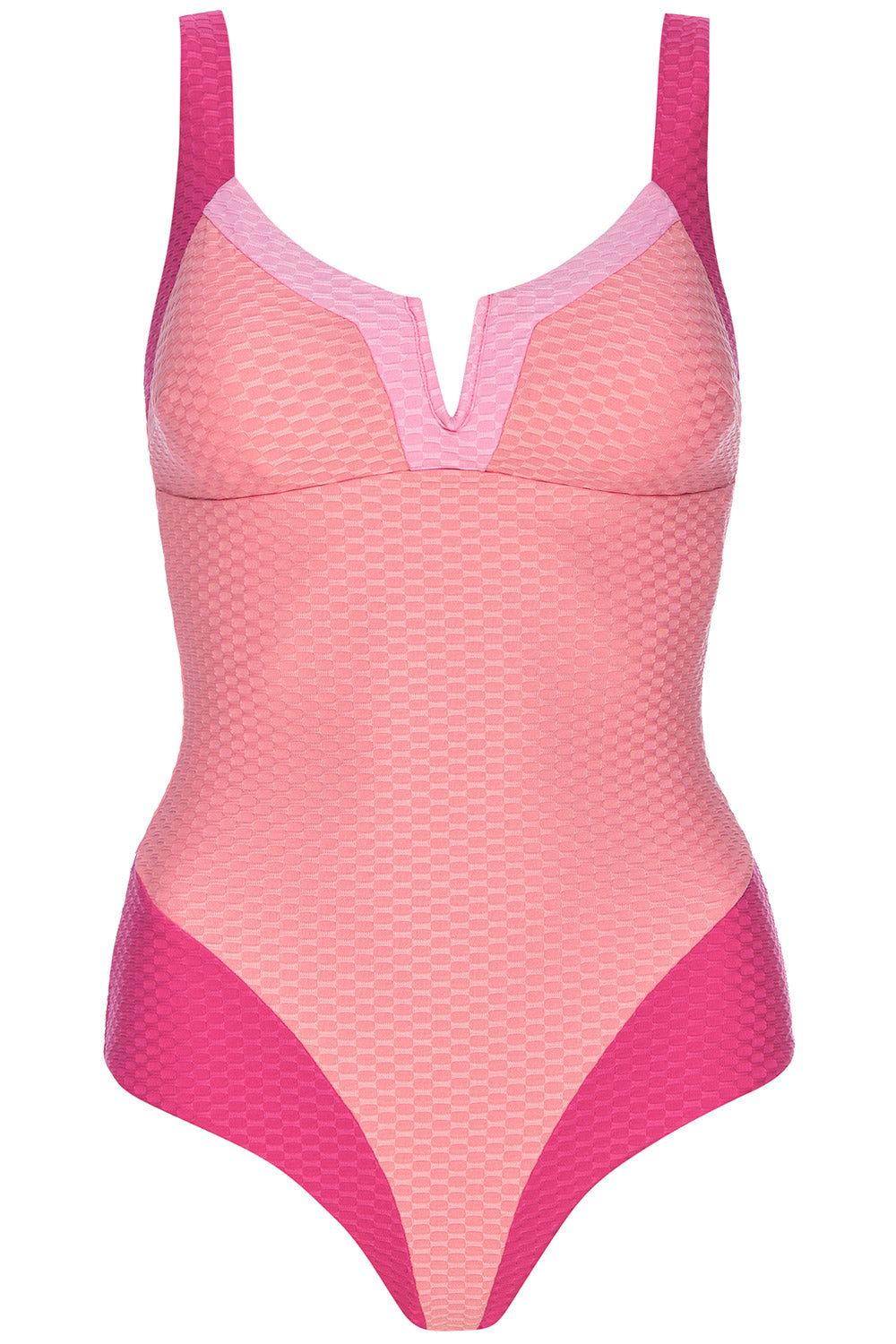 Front view of the Vista Tricolor pink swimsuit on a white background