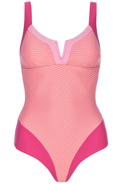 Front view of the Vista Tricolor pink swimsuit on a white background