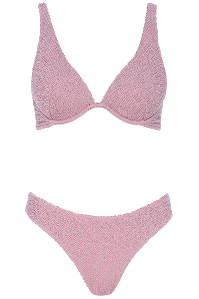 Front view of the Bermuda Bikini Crinkle rose set on a white background. 