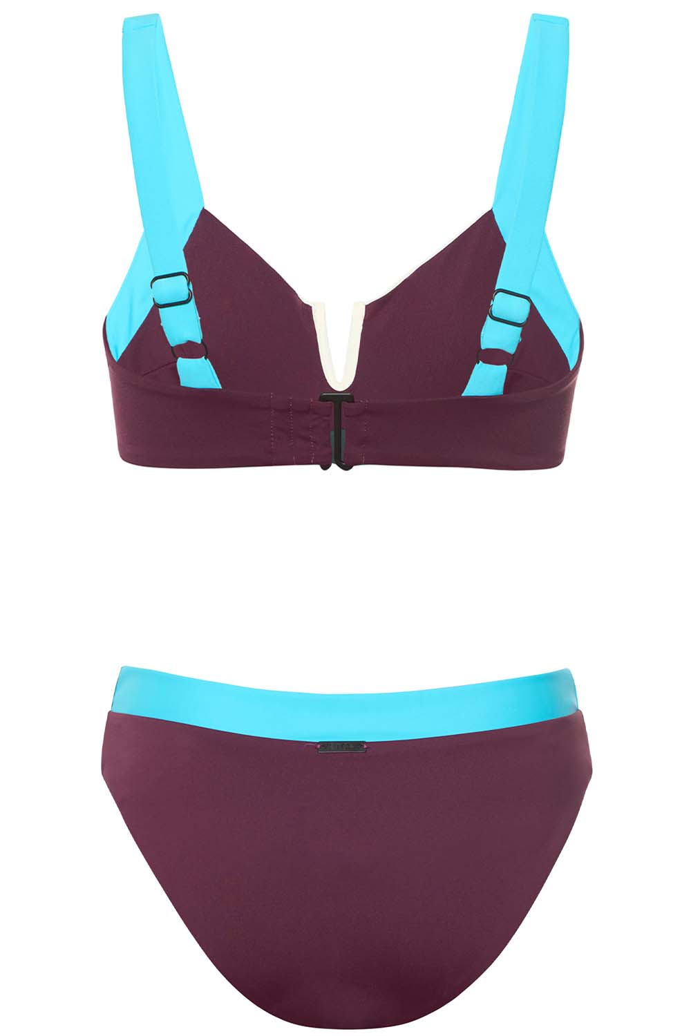 Vista Tri-color Bikini Ruby Set on white background back view.