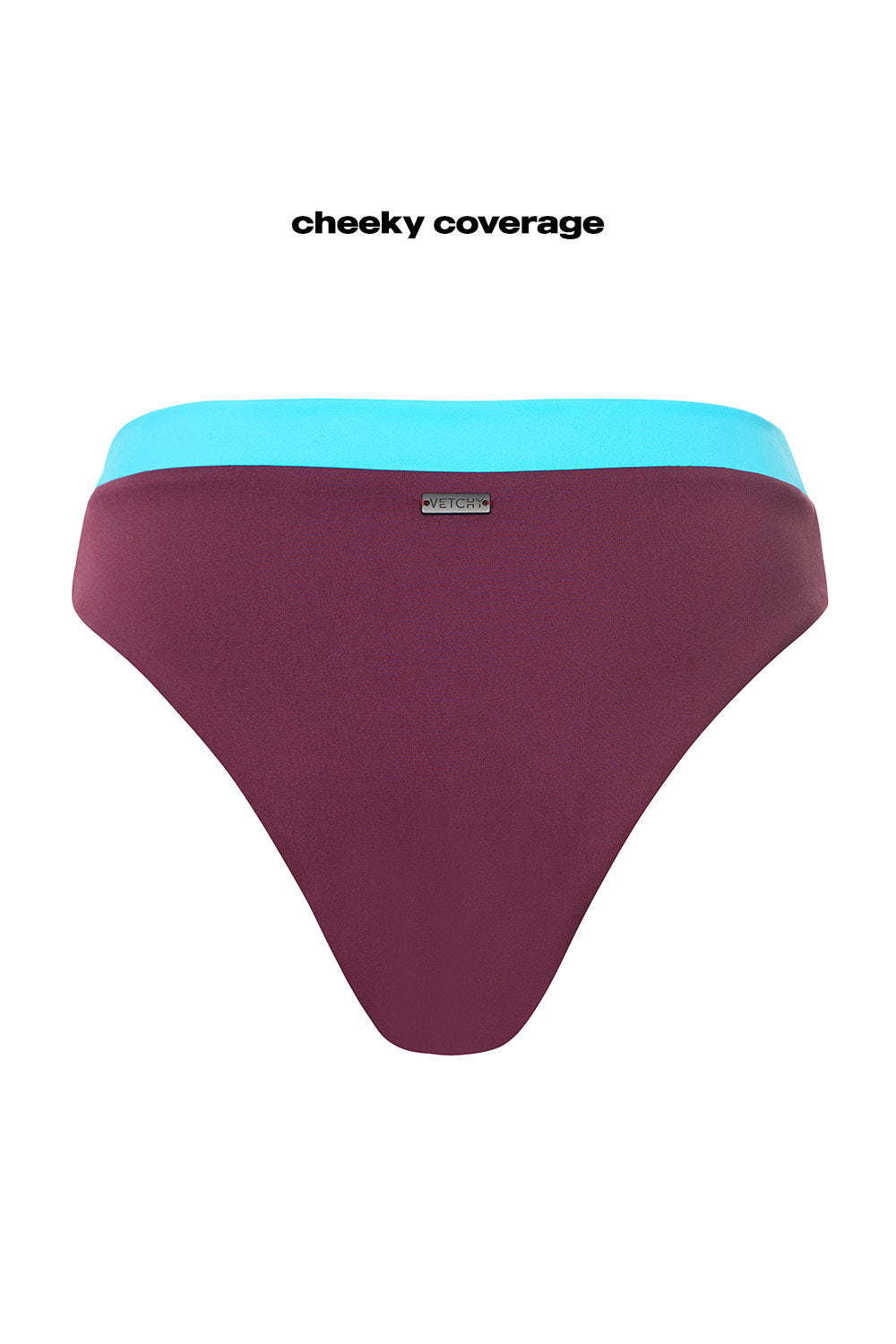 Vista Tri-color Bikini Ruby Set in Highwaist Cheeky Bottoms on white background back view.